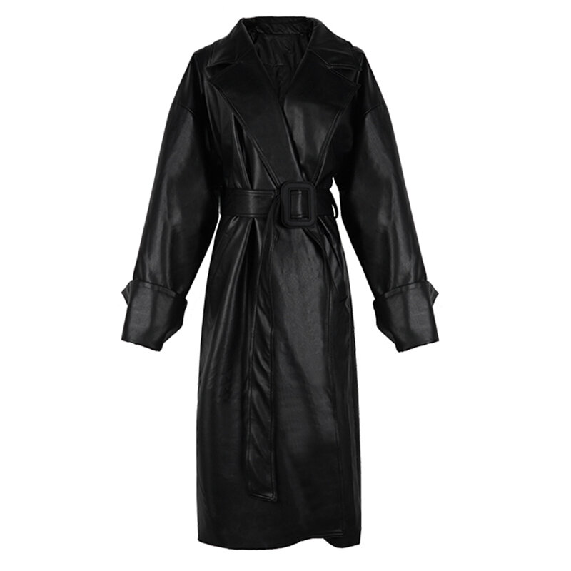 Lautaro 여성용 긴 오버사이즈 가죽 트렌치 코트, 긴 소매 라펠, 루즈핏, 세련된 블랙 여성 의류, 스트리트웨어, 가을