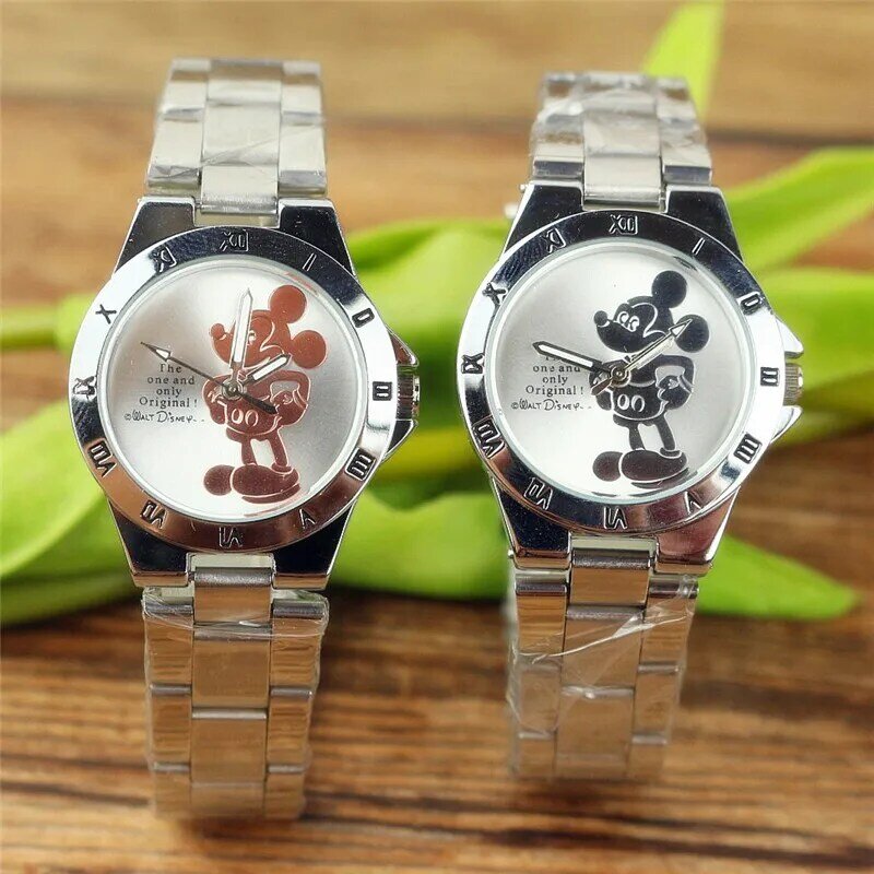 Disney-Reloj de dibujos animados de Mickey Mouse y Minnie para niños, pulsera de cuarzo de acero inoxidable, regalo para niños y niñas