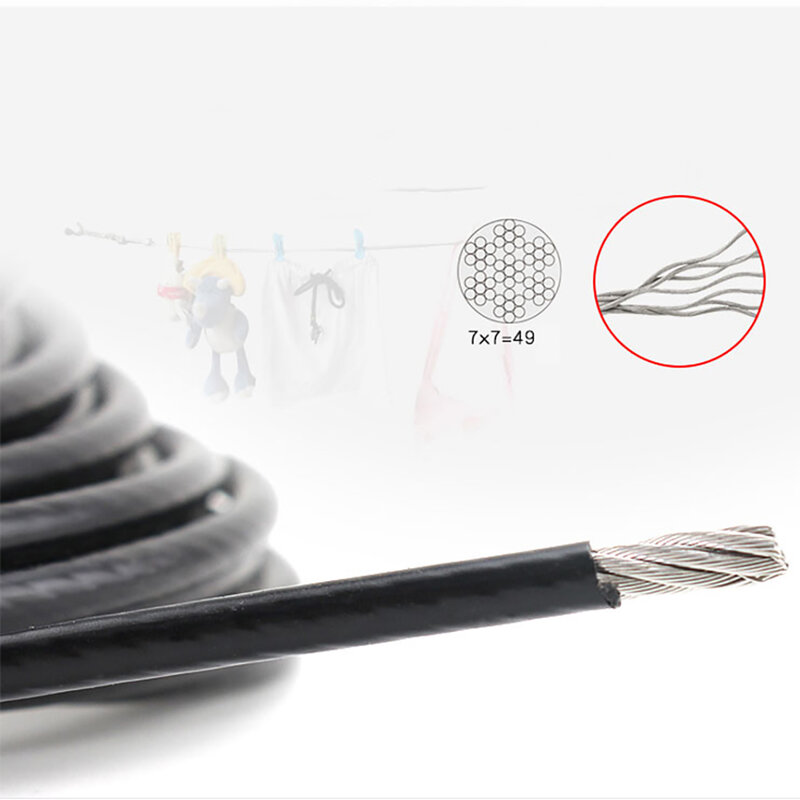 Cuerda de alambre recubierta de PVC negro de acero inoxidable 304, tendedero de Cable Flexible de 7x7/7X19, 1mm, 1,2mm-6mm