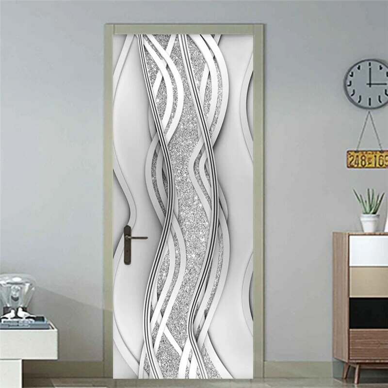 Adesivo de porta pvc 3d abstrato, papel de parede para porta, sala de estar, de pérolas e prata, autoadesivo