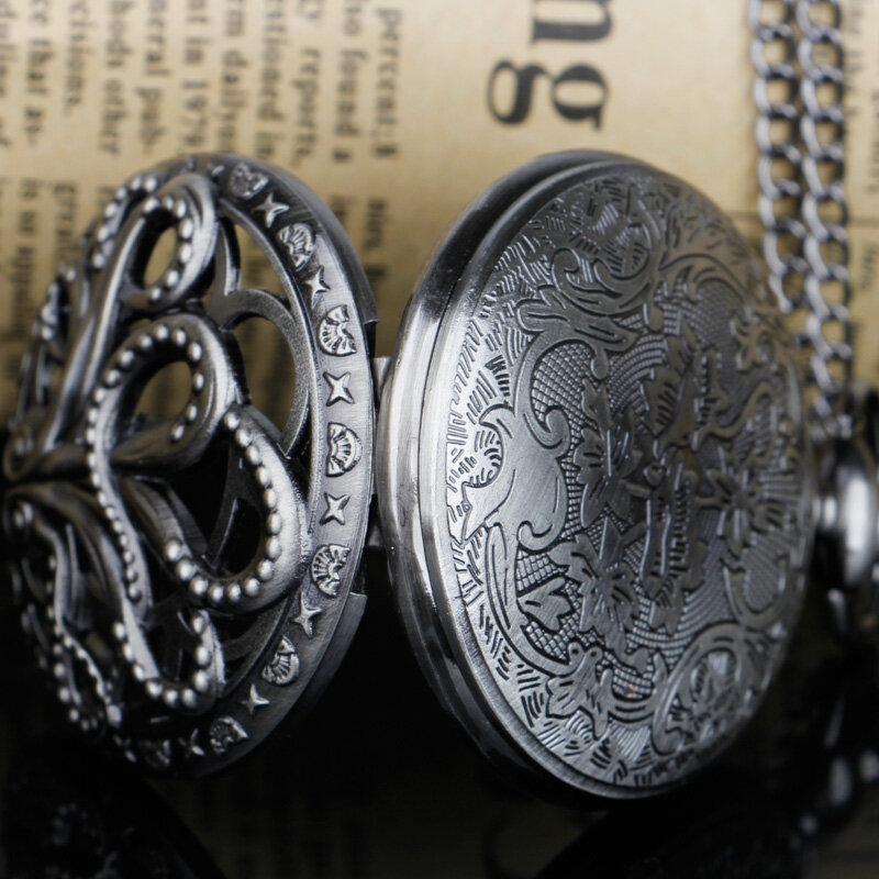 Montre de poche à mouvement à quartz avec couvercle creux, poulpe rétro, collier en bronze, pendentif, horloge faite à la main, cadeaux souvenirs pour hommes et femmes