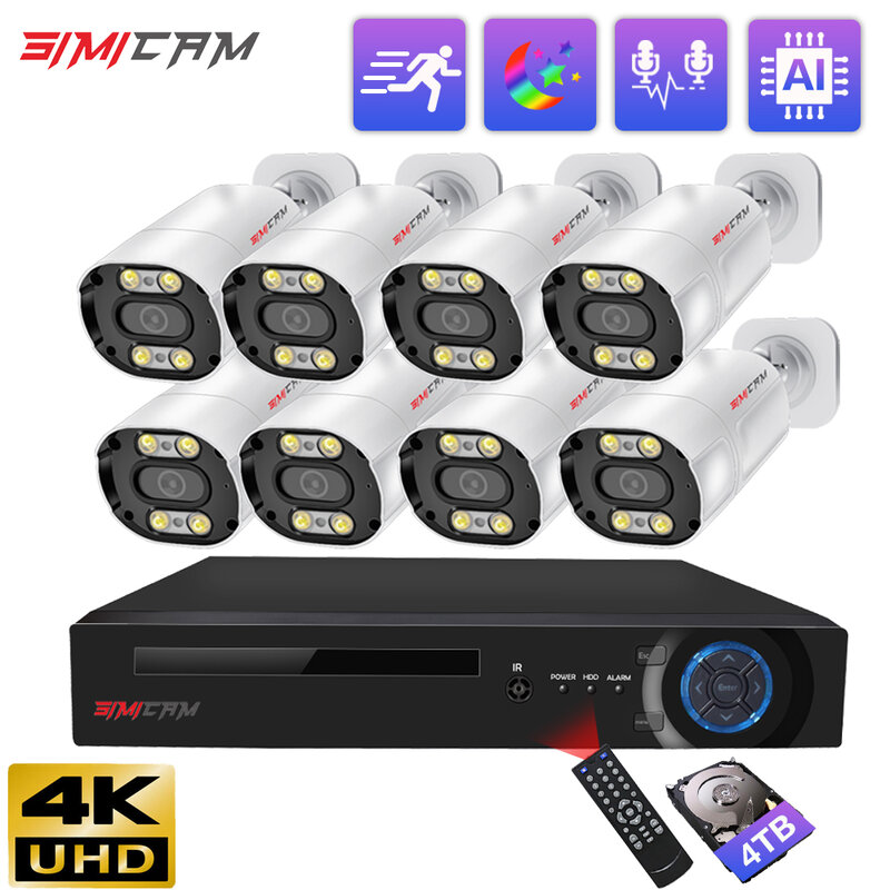 4K 8MP Super HD Surveillance Security IP camera Set Onvif Bullet White Alarm IR Color Night Vison Cctv Audio POE NVR System Kit