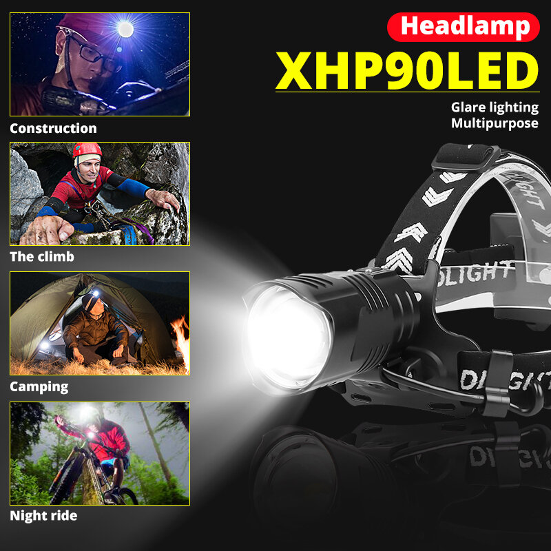 Мощный светодиодный налобный фонарь XHP90.2, улучшенная головная лампа на 8000 лм, с зарядкой от USB, водонепроницаемый фсветильник для рыбалки с зумом и аккумулятором 18650