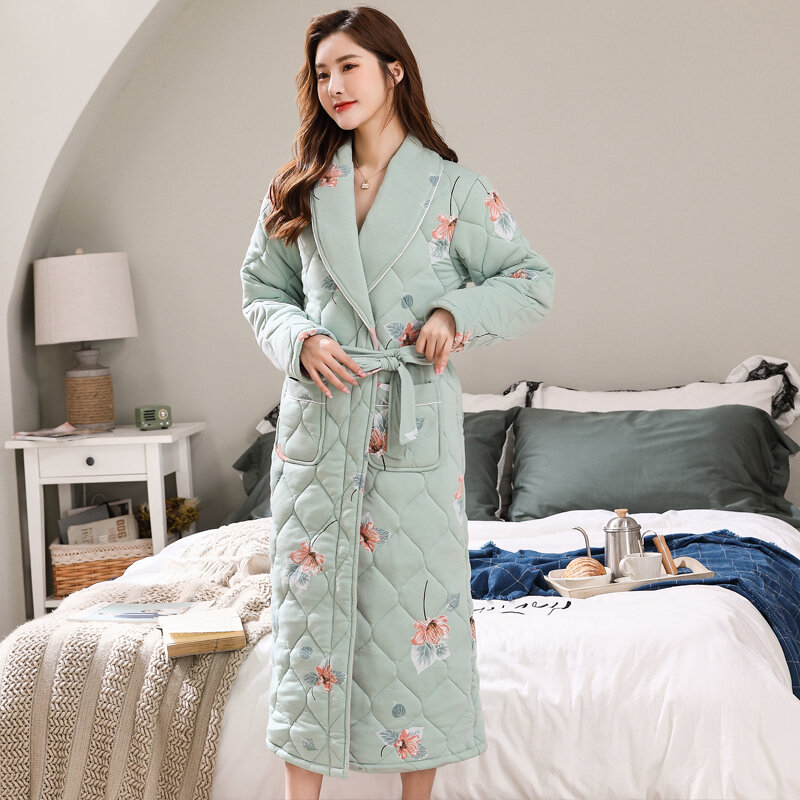 Bata de baño acolchada de tres capas para mujer, ropa de dormir gruesa de algodón, Kimono de yardas grandes con costuras, cálida, para invierno