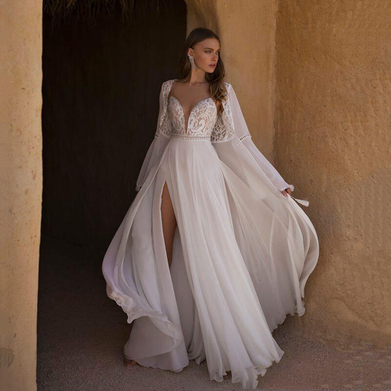 LoveDress Bohemian Spaghetti Straps Wedding Dress With Cape Side Split Beach A-Line Bride Gown Lace Appliques Chiffon Backless