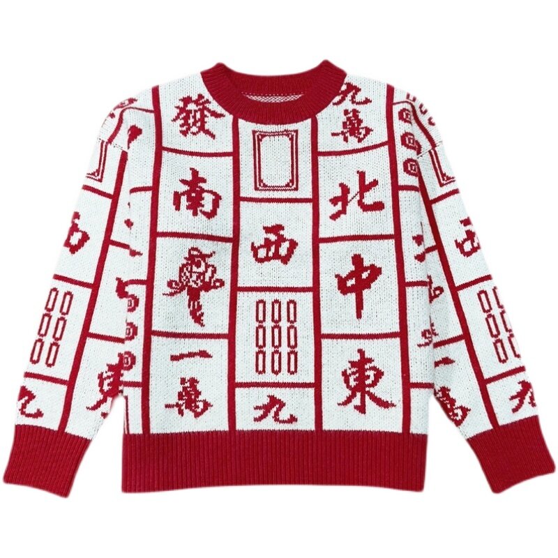 Chic Mahjong Karakter Print Lange Mouwen Losse Trui Voor Vrouwen Herfst Winter Casual Streetwear O Hals Trui Jumper