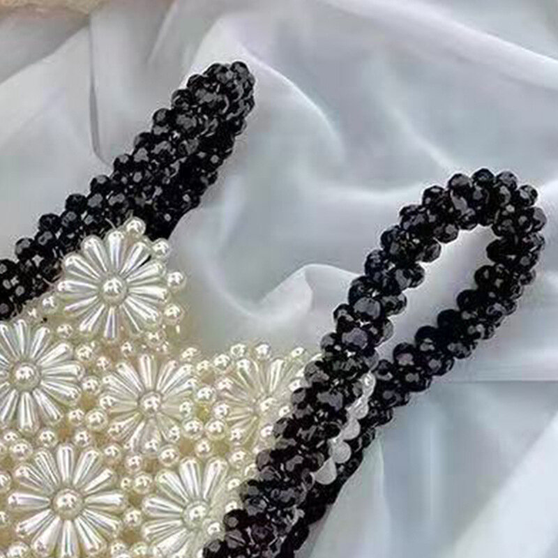 Crisantemo borse trasparenti portatili per donna bordo nero perla bianca intrecciata perla borsa trasparente borsa estiva fiore acrilico