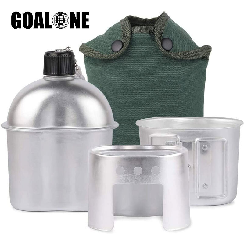 Goalone 1l kit cantina militar portátil de alumínio copo de madeira fogão conjunto com saco de cobertura de náilon para acampamento caminhadas mochila