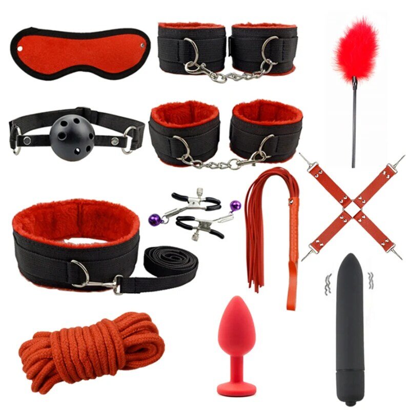 Adult Sex products SM Sex toys Bdsm Kit Bondage Set Handcuffs Whip Mini Vibrator Anal plug Sex games Erotic Adult toys