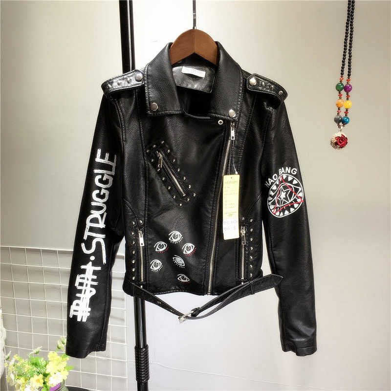 Nowe kurtka ze skóry sztucznej kobiety moda Graffiti drukuj miękkie płaszcze ze sztucznej skóry damskie motocyklowe Biker Punk kurtki z suwakiem damskie