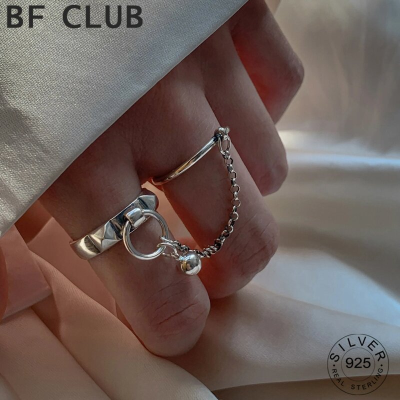 Real 925 anel geométrico redondo retro em prata esterlina para mulheres, corrente vintage, joias finas, acessórios minimalistas, presente, 2 cavaleiros