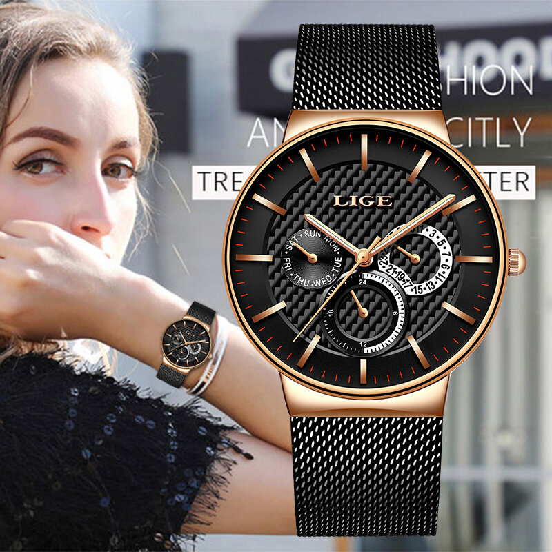 LIGE-새로운 여성 패션 시계, 크리에이티브 여성 캐주얼 시계, 스테인레스 스틸 메쉬 밴드, 세련된 디자인, 럭셔리 쿼츠 시계, 여성용