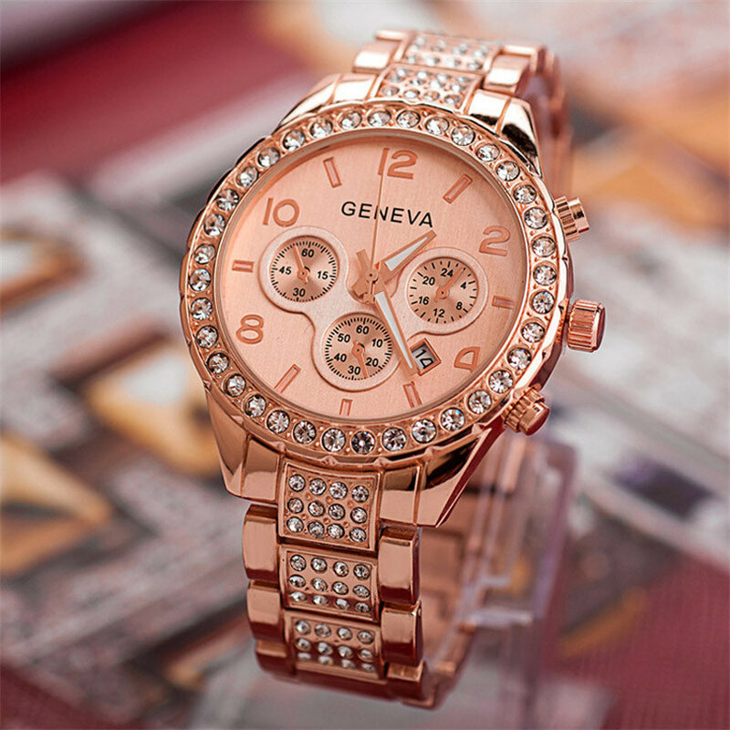 Relógio feminino de luxo, relógio feminino de genebra, ouro rosa, numerais romanos, relógio de luxo para mulheres 2020