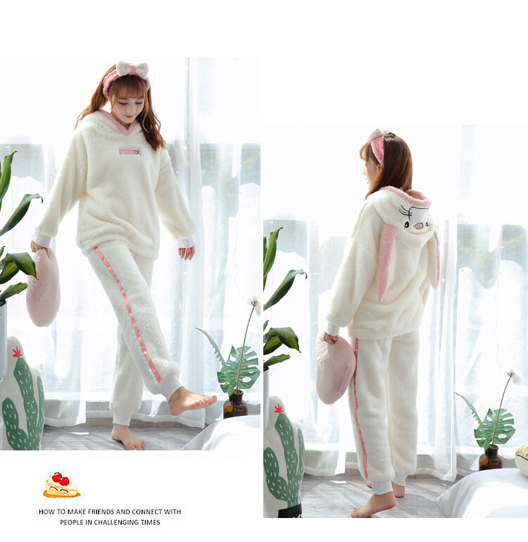 Осенне-зимний теплый пижамный комплект 2021, повседневный Женский комплект, утепленная фланелевая бархатная свободная Пижама с капюшоном и мультяшным кроликом