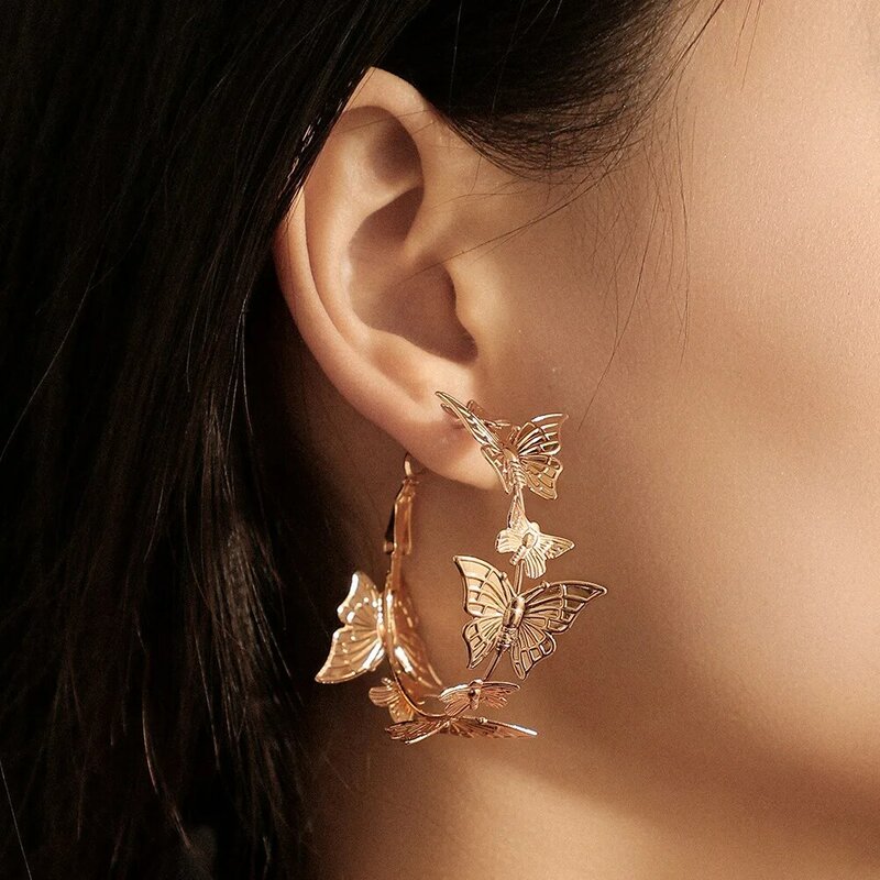 성격 3D 금속 나비 후프 귀걸이 여성 과장 꽃 귀걸이 파티 쥬얼리 패션 액세서리
