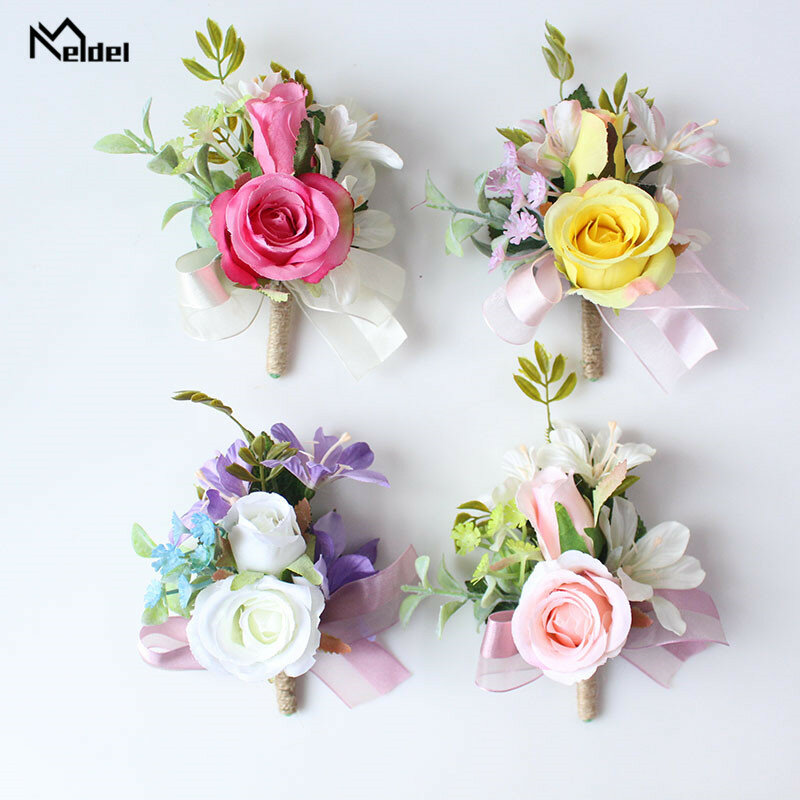 Meldel Silk Flowers Corsage Bracelet Bridesmaids Artificial Flowers Wedding Groom Boutonnieres Wedding Marriage Corsage Brooches