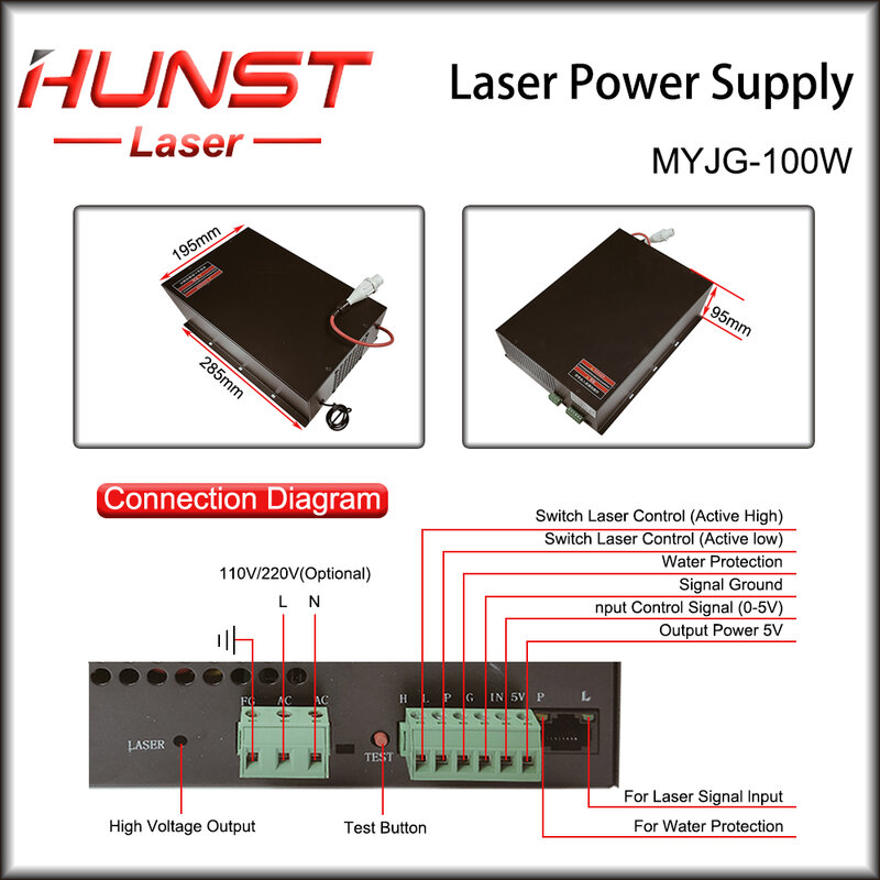 Hunst CO2 Laser Power Supply MYJG-100W Gerador Laser Para 80W-100W Laser Gravura Máquina De Corte Tubo