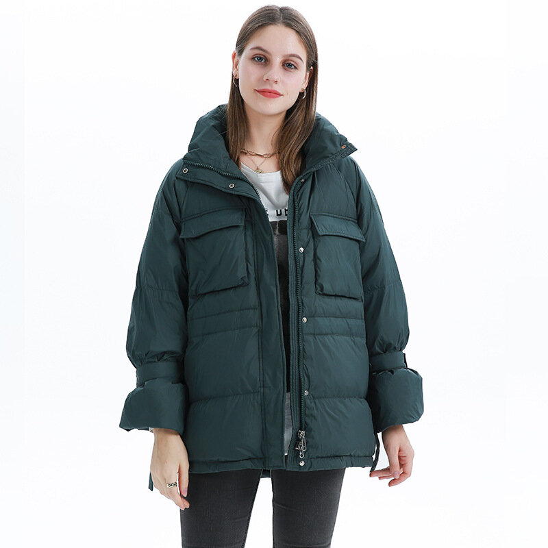 Womens down jacket Standing collar female strap winter long loose 2021 new street casual waist 90%white duck down jacket