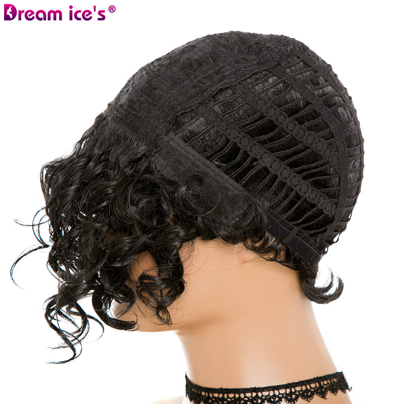 Wig sintetis gaya modis rambut keriting pendek untuk wanita warna hitam wig pesta Cosplay suhu tinggi wig Dream ice