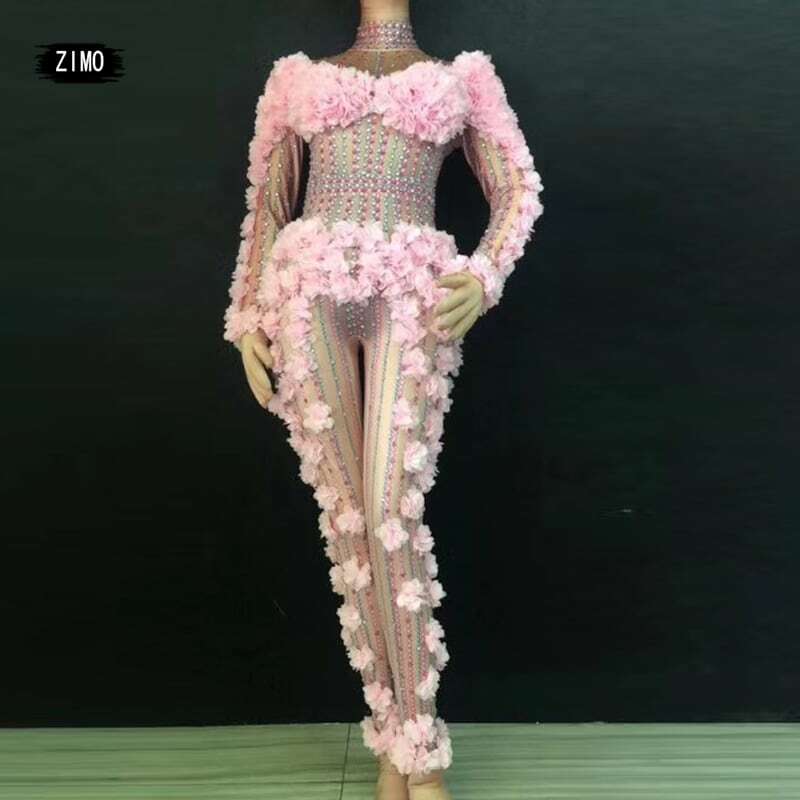 섹시한 핑크 플라워 라인석 바디 슈트, 점프 슈트 드래그 퀸 의상 가수 무대 착용 원피스 스트레치 의상 나이트 클럽 롬퍼