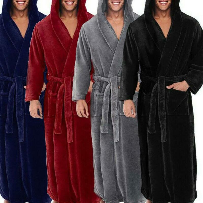 Men Women Warm Coral Fleece Bathrobe Winter Solid Color Pockets Long Bath Robe Plush Couple Home Gown Sleepwear Robes for men