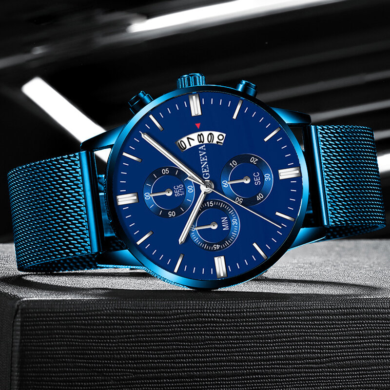 2020 moda męska kalendarz biznesowy zegarki luksusowe niebieski siatka ze stali nierdzewnej pas analogowy zegarek kwarcowy relogio masculino