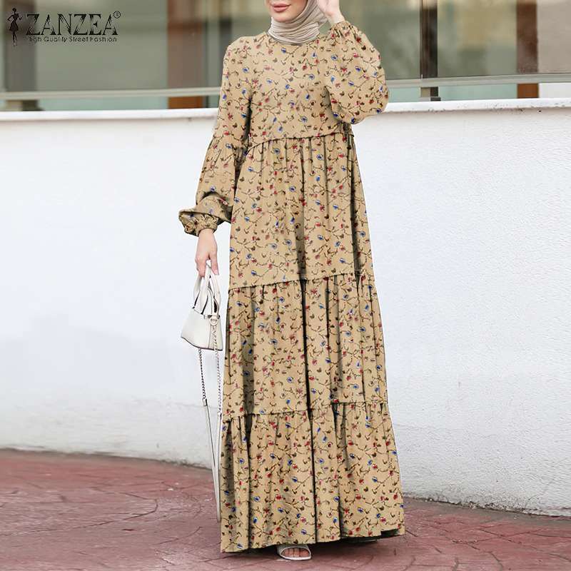 Frauen Muslimischen Sommerkleid Eleganten Druck Rüschen Kleid Weibliche Layered Gedruckt Robe ZANZEA Casual Puff Hülse Maxi Vesitdos