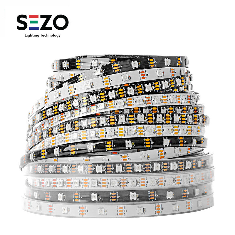 Fita LED inteligente endereçável individualmente, RGB, Preto, Branco, PCB, IP30, 65, 67, Impermeável, 3W, DC 5V, WS2812B, WS2812
