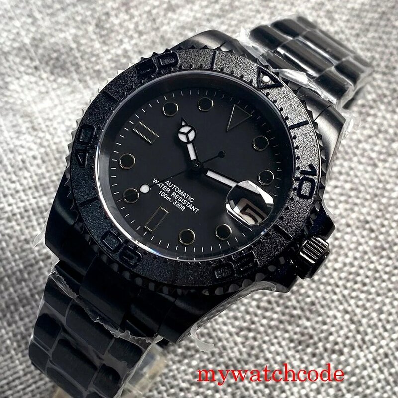 Miyota-reloj de pulsera automático para hombre, pulsera con esfera estéril negra, bisel giratorio de cristal de zafiro, manecillas Merc, PVD negro, 40mm, NH35A, PT5000