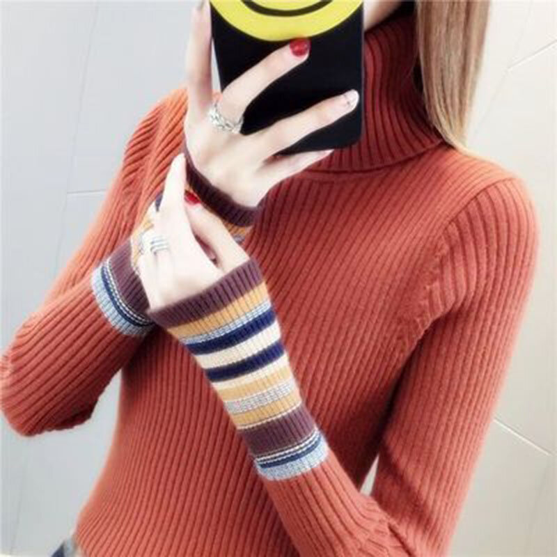 2021 nowy kobiet jesień i zima swetry swetry z golfem miękkie koszulka z długim rękawem Casual Slim-fit z dzianiny sweter