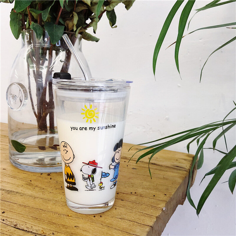 450ML Cartoon Snoopy Glass Cup with Straw and Lid Leakproof Fruit Juice Drink Bottle Milk Cup Water Pots Office Home Drinkware