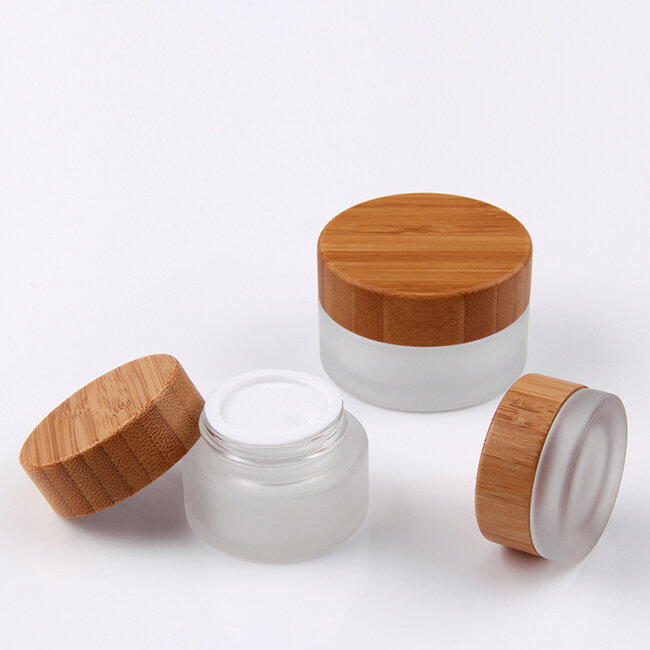 Cosmetico 30ml 50ml spalla piatta glassata vasetto di crema con lozione di bambù coperchio pompa profumo di vetro tappo di bambù in legno bottiglia spruzzatore