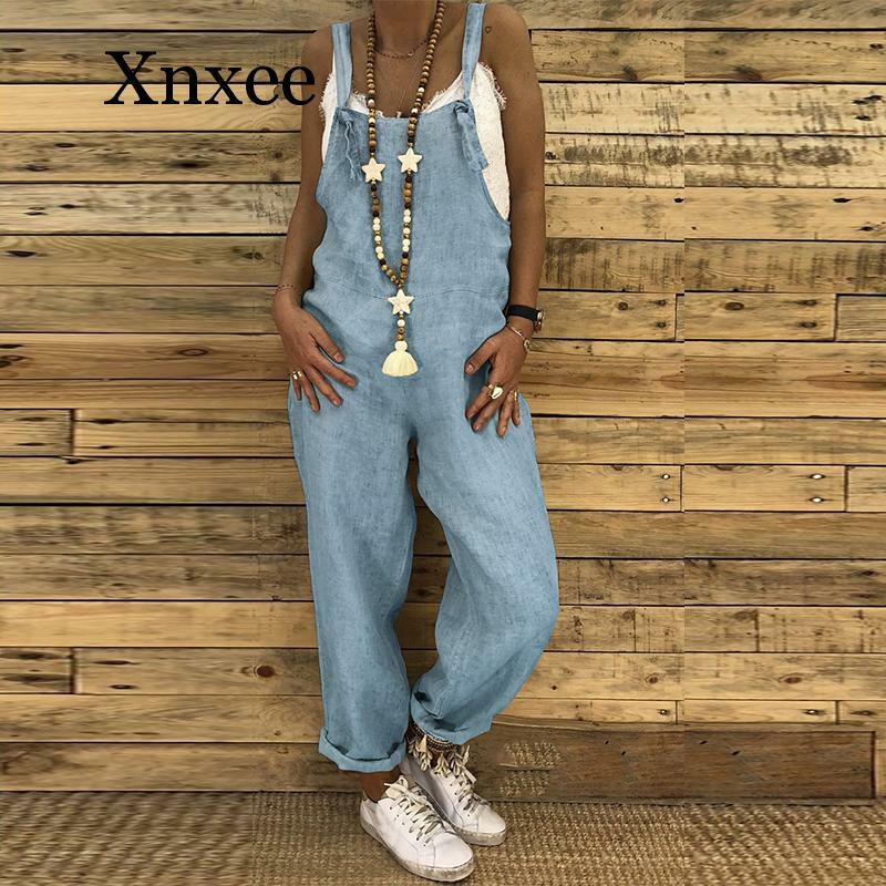 2020 Women Casual Solid Strappy Dungarees Vintage Cotton Linen Loose Party Long Harem Overalls Rompers Jumpsuits long sleeveless