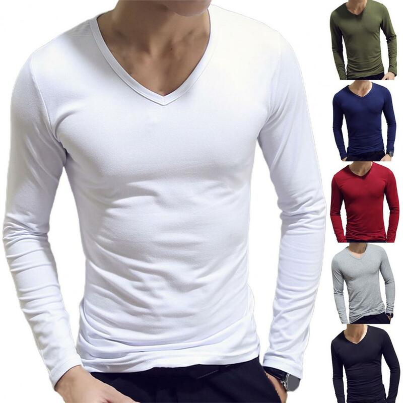 남성 셔츠 긴 소매 남자 의류 단색 풀오버 스웨터 V 목 슬림 남성 캐주얼베이스 셔츠 가을 2021