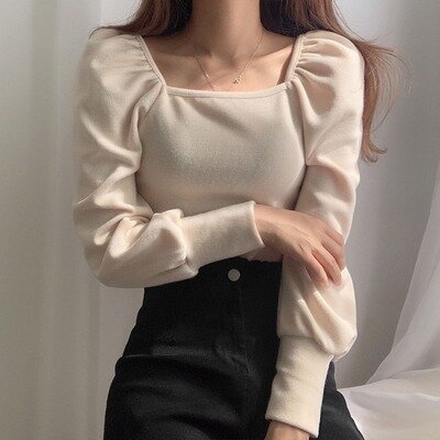 Chic Square Collar Hollow Out Clavicle T Shirt Slim Fit Pleated Puff Sleeve Solid Autumn Spring 2020 New Knit Top