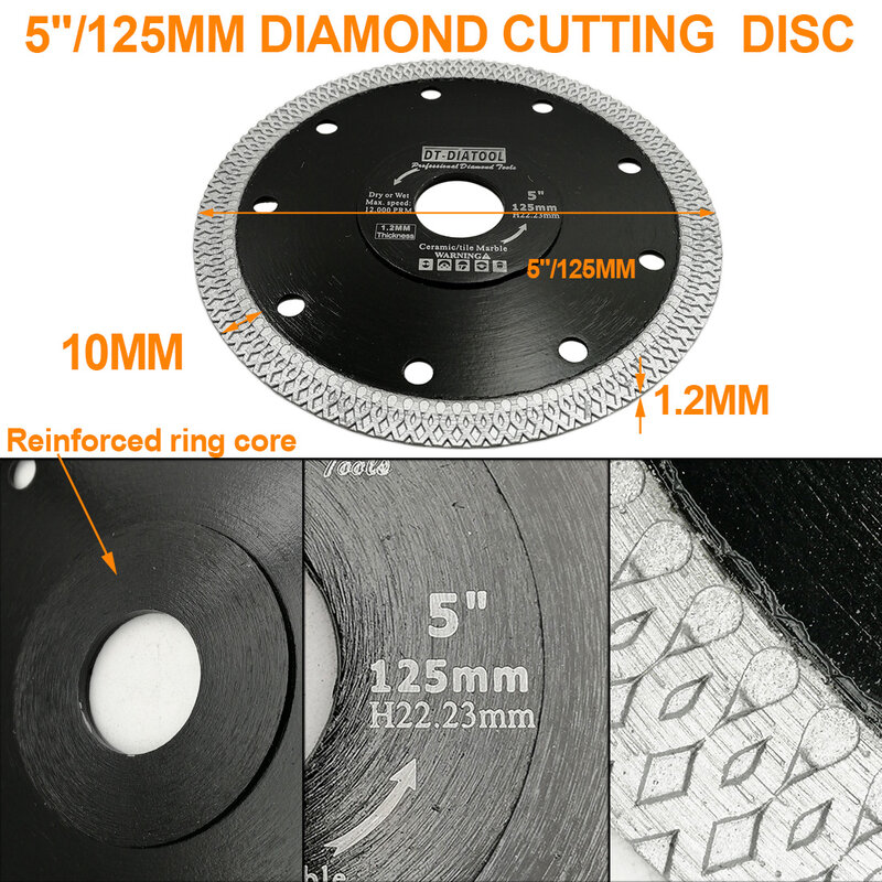 Disco de corte de anillo de núcleo reforzado con diamante Premium, hojas de sierra turbo de malla, Rueda de corte en húmedo y seco, de 125mm diámetro/5 ", 2 DT-DIATOOL/pk