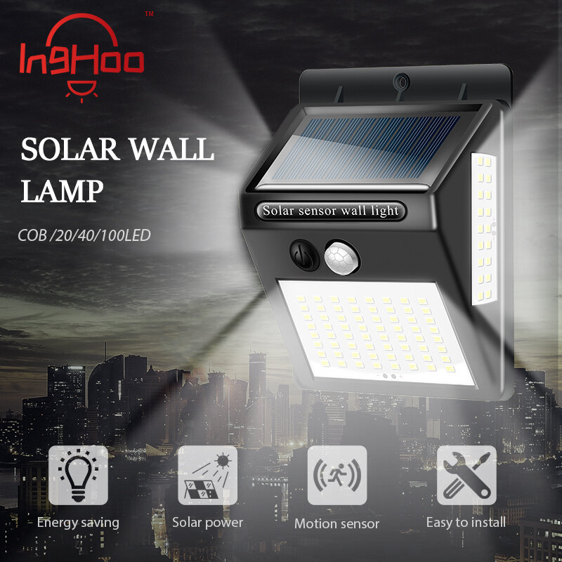 IngHoo-lámpara Solar de 16COB/20/40/100LED, lámpara de inducción de movimiento PIR para exteriores, de pared, impermeable, de calle, ahorro de energía, para jardín