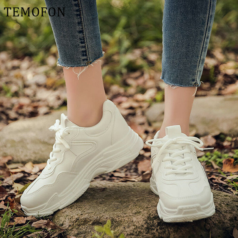 Женские кроссовки на толстой подошве TEMOFON, Белые Повседневные кроссовки на шнуровке, модная обувь на массивной подошве, HVT1193