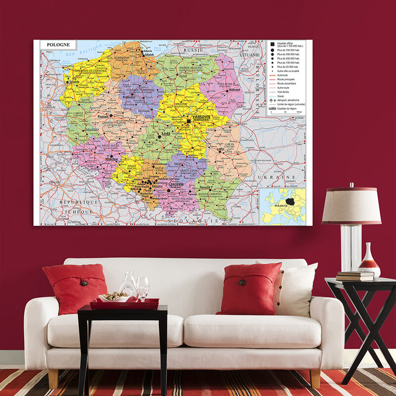 225*150cm The Poland Political Map (In French)Large Poster Non-woven Canvas Painting Living Room Home Decoration School Supplies