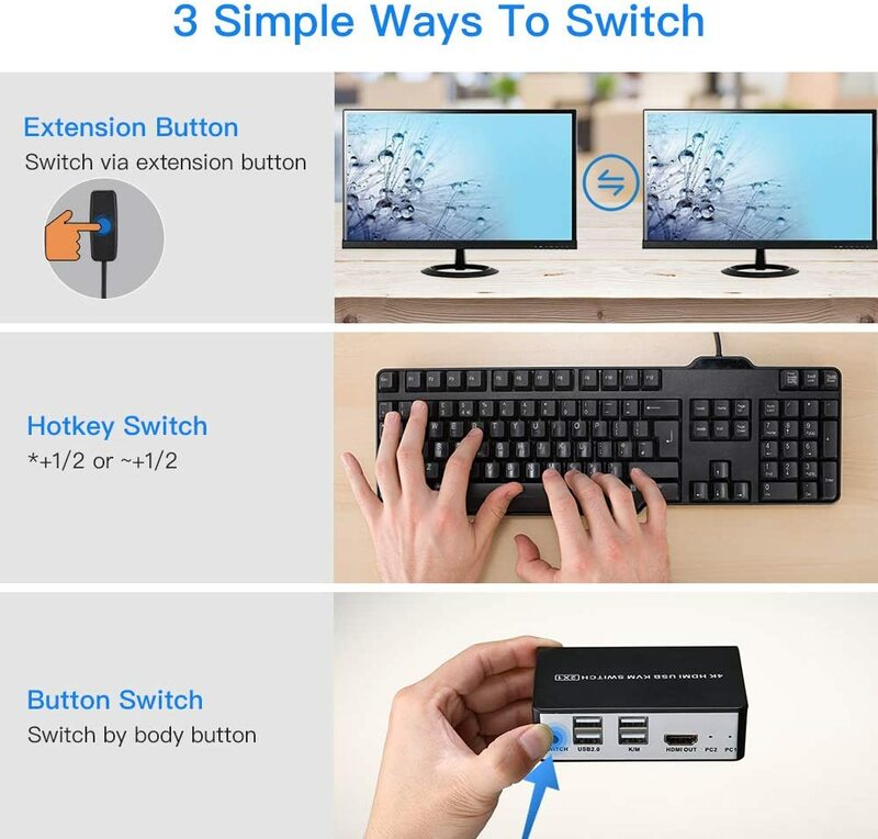 4K HDMI USB KVM Switch 2 Port HDMI KVM Selector für 2 Computer Sharing 1 HD Monitor und 4 USB Geräte, unterstützung drahtlose tastatur
