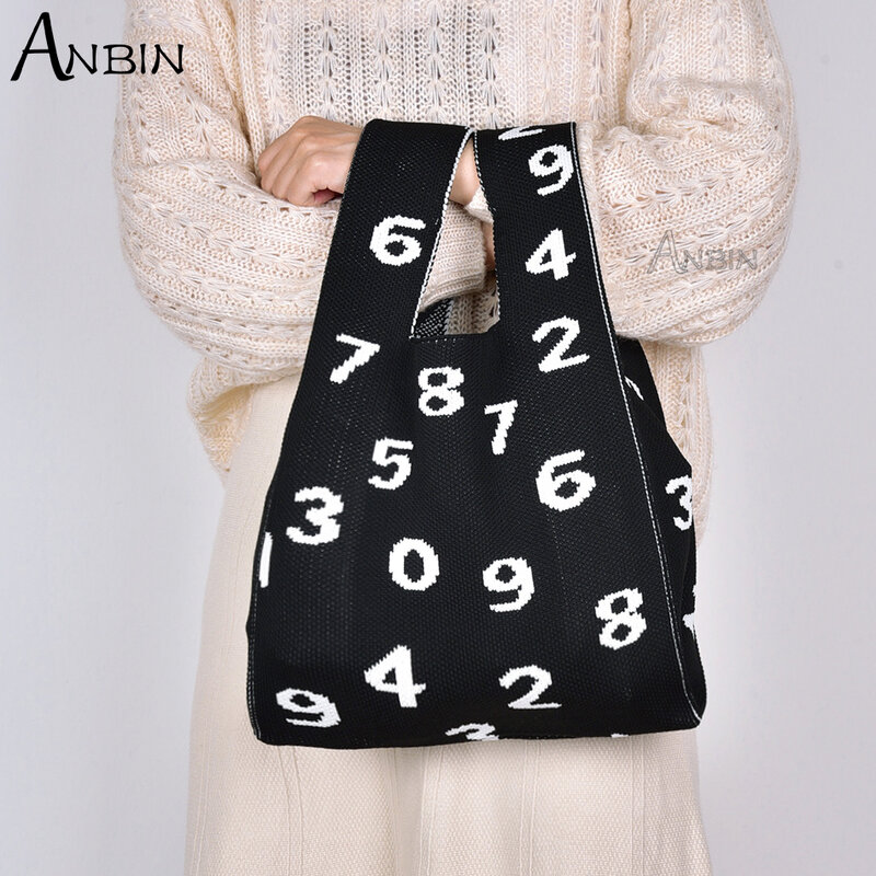 Women's Knitting Fabric Shoulder Wrist Bags Japanese Style Number Pattern Design Tote Casual Weave Handbag Female Shopping Bag