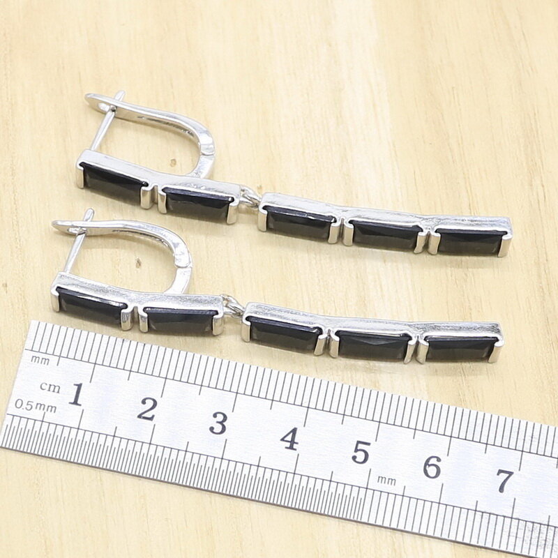 Safira preta 925 prata esterlina conjuntos de jóias para mulheres brincos longos colar pingente pulseiras