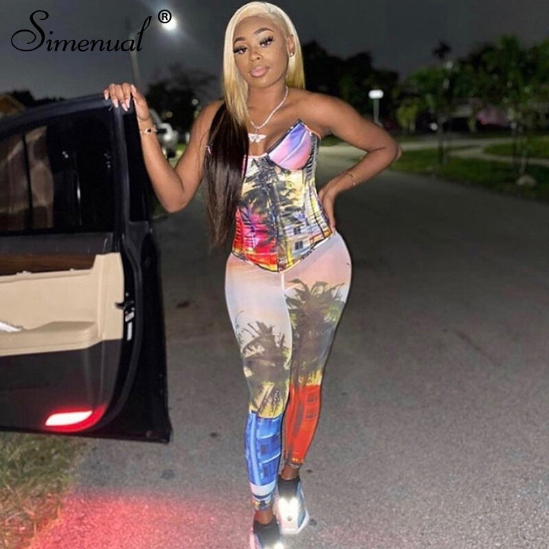 Simenual Strapless Corset Rompertjes Womens Jumpsuit Sexy Bodycon Skinny Midnight Clubwear Print Mode Een Stuk Outfits Party