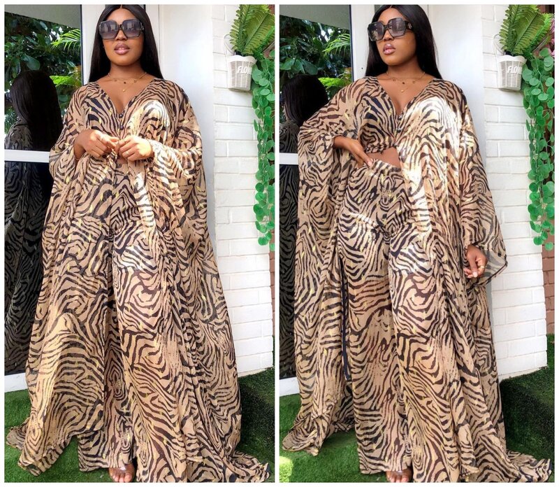Pakaian Afrika untuk Wanita Set Celana Dua Potong Gaun Maxi Setelan Gaun Pesta 2021 Pakaian Sifon Motif Macan Tutul Dashiki Musim Panas