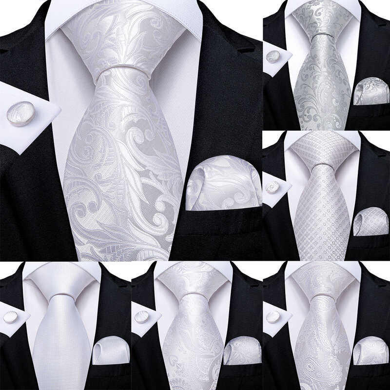 DiBanGu Mens Necktie White Solid Paisley Design Silk Wedding Tie For Men Tie Hanky Cufflink Tie Set Business Party Dropshipping