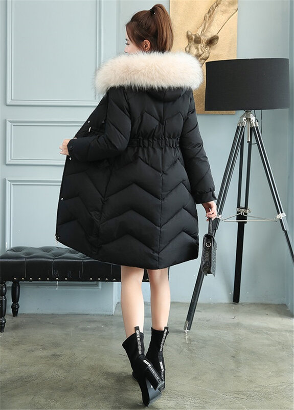 Casaco feminino para baixo algodão-acolchoado jaqueta parkas inverno novas jaquetas gola de pele quente com capuz outerwear casacos de algodão longo