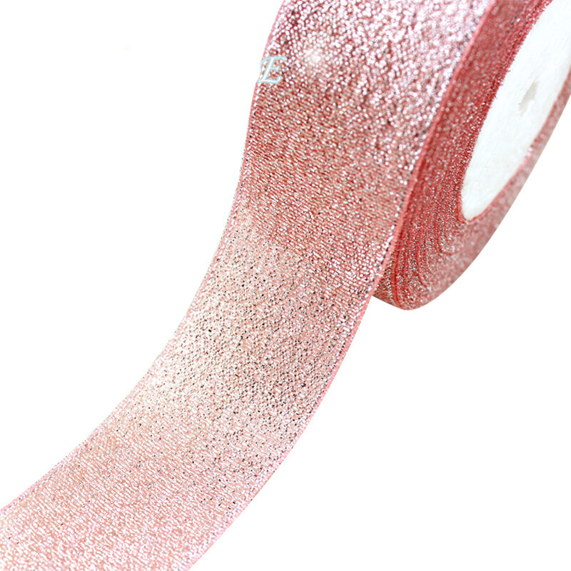 (25 หลา/ม้วน) เนื้อสีชมพูMetallic Glitterริบบิ้นที่มีสีสันของขวัญแพคเกจริบบิ้นขายส่ง