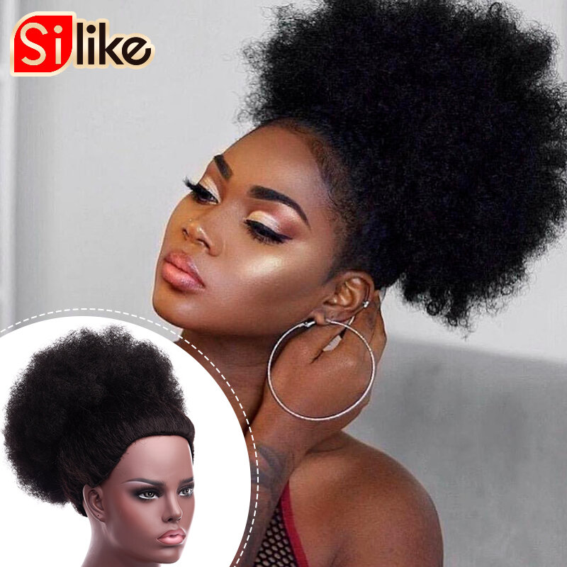 Silike Synthetic Short Afro Puff Hair Bun High Temperature Drawstring Warp Pony Tail Clip in Hair Extension Kinky Curly Hair Bun