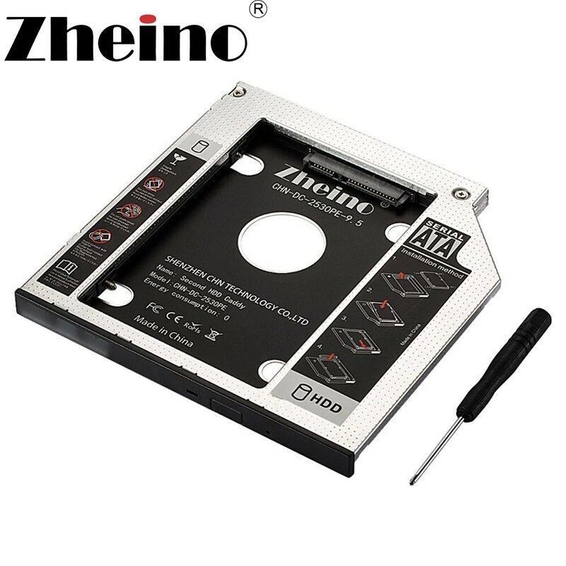 Zheino Aluminium 9.5 Mm 2nd HDD SSD Caddy 2.5 SATA untuk SATA Bingkai Caddy HDD Case Adaptor Bay untuk Notebook LAPTOP CD/DVD-ROM Aneh