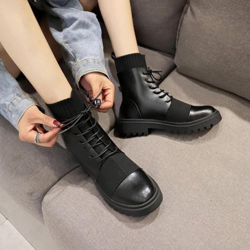Spring Boots Women Shoes Woman Boots Fashion Flat Round PU Ankle Boots 2019 Spring Elastic Lace Black Boots Comfortable Boots